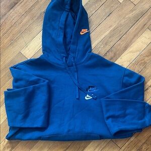 NWOT Nike Cobalt Blue Hoodie with Dual Orange and White Logos